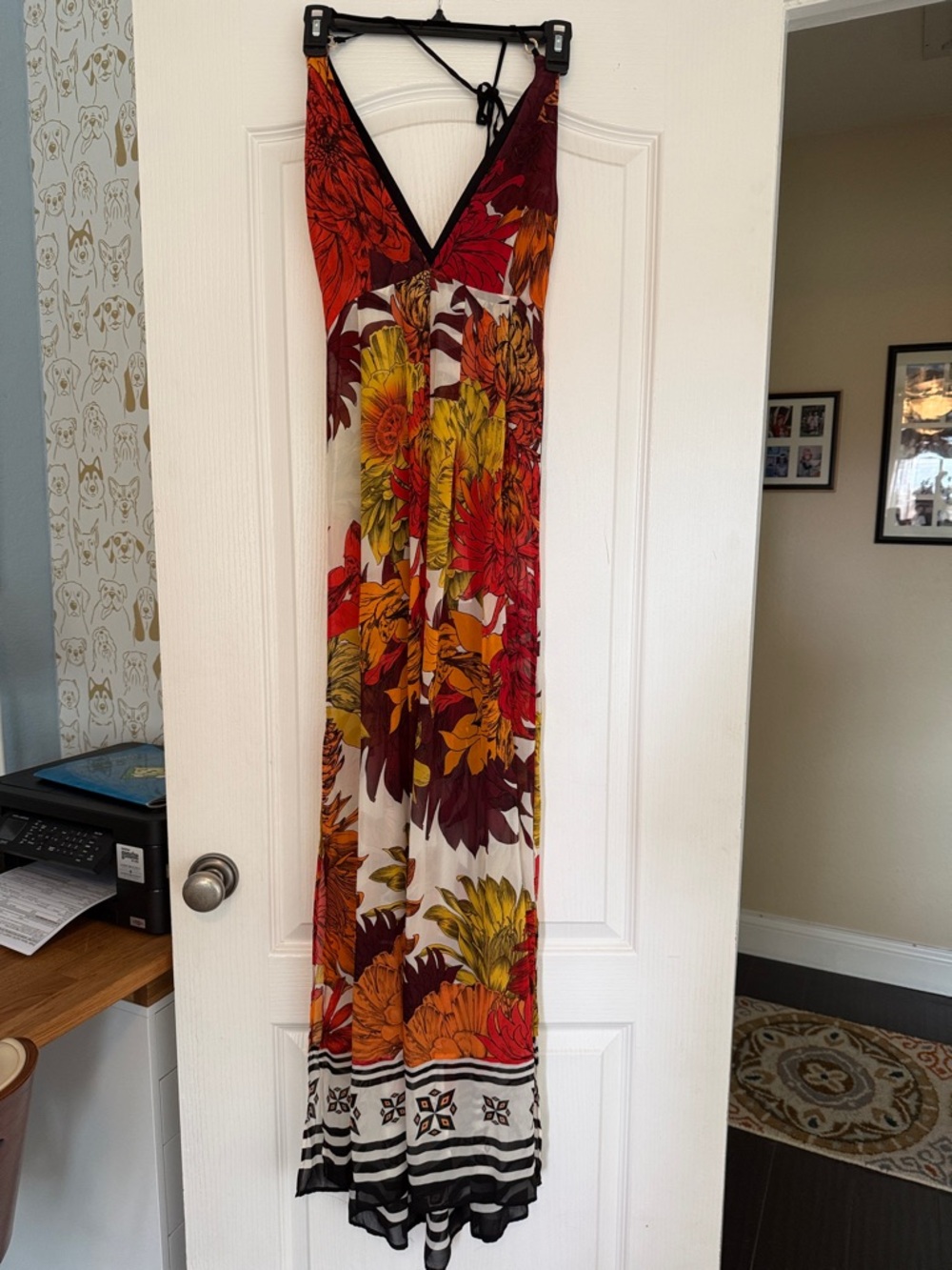 Karen Millen Floral Backless Maxi Dress in Burgundy, Orange, Yellow and White